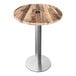 A round wooden Holland Bar Stool table with a hole in the center for an umbrella on a brushed aluminum base.