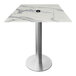 A white marble Holland Bar Stool table with a brushed aluminum base and umbrella hole.