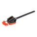 A black grill brush with an orange handle and orange bristles.