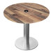 A Holland Bar Stool round wooden table top with a brushed aluminum base.