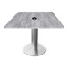 A Holland Bar Stool square table with a round umbrella hole in a brushed aluminum base.