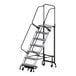 A Ballymore gray steel rolling ladder with black wheels and handles.