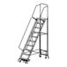 A Ballymore gray steel rolling ladder with black metal bars.