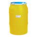 A yellow Amoretti barrel with a white label and blue lid.