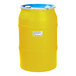 A yellow barrel with a blue lid and a white label.