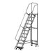 A Ballymore gray steel rolling safety ladder with wide steps and a wide base.