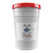 An Amoretti white plastic bucket of blueberry craft puree with a red lid.