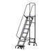 A gray Ballymore steel rolling ladder with wide steps and a wide base.