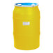 A yellow barrel with a white label and a blue lid containing Amoretti Raspberry Craft Puree.