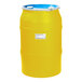 A yellow barrel with a white label and a blue lid.