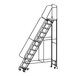 A Ballymore gray steel rolling ladder with wide steps and a black frame.