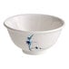 A white bowl with blue and white speckled designs.