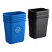 A stack of black Lavex rectangular trash cans with blue recycling symbols on them.