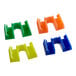 Assorted colorful plastic chopstick trainer clips on a white background, including blue, green, and orange.