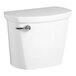 A white American Standard toilet tank with lid and silver handle.