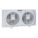 A white VisionAir twin window fan with two fans and a metal grid.