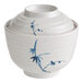 A white melamine bowl with blue bamboo design and a lid.