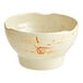 A white Acopa melamine bowl with orange designs.