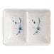 A white rectangular Acopa melamine dish with blue rectangular compartments and blue flower designs.