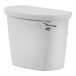 A white American Standard toilet tank with a lid and silver handle.