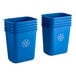 A stack of Lavex blue rectangular recycling wastebaskets with a recycling symbol.