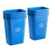 Two blue Lavex rectangular recycling bins with recycling symbols on them.