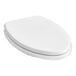 An American Standard white elongated wood toilet seat with cover.