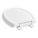 An American Standard white round front toilet seat with a plastic cover.