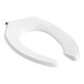 A white American Standard toilet seat with stainless steel hinges.