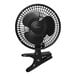 A black VisionAir desk fan with a clip.