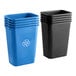 A group of blue and black Lavex rectangular trash cans with recycling symbols.