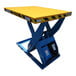 A steel Ballymore scissor lift table with a yellow top and yellow and black stripes.