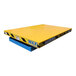 A yellow metal surface with blue base and black stripes with a blue handle on a Ballymore steel scissor lift table.