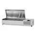 A stainless steel Turbo Air refrigerated countertop salad prep table with a lid open.