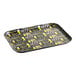 A black and yellow rectangular Cambro serving tray with beer designs and text.