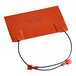 A rectangular orange silicone heater pad with two attached black wires and red connectors, labeled with voltage and wattage specifications.
