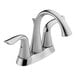 A close-up of a silver Delta Lahara deck-mount faucet with two lever handles.