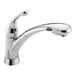A close-up of a silver Delta deck-mount kitchen faucet with a single handle.