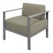A BFM Seating Belmar armchair with a gray frame and Sunbrella Sea Salt green cushion.
