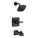 A black Delta bath and shower faucet with a round spout and shower head.