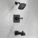 Delta Faucet T14464-BL Ashlyn matte black bath and shower trim kit with a round shower head.