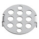 A circular stainless steel filter screen with holes.