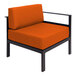 A BFM Seating Belmar left arm sofa section with an orange Sunbrella cushion and black frame.