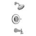 A Delta chrome bath and shower faucet with a shower head and knob.