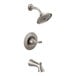 A stainless steel Delta Woodhurst bath and shower faucet with a shower head attached.