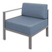 A BFM Seating Belmar right arm sofa section with a gray metal frame and Sunbrella Haze Blue cushion.