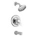 A Delta chrome bath and shower faucet with shower head.