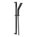 A Delta matte black handheld shower head on a hose.
