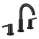 A Delta Nicoli matte black widespread lavatory faucet with lever handles and a curved spout.
