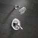 A Delta Lahara T-Series shower faucet and valve with a faucet knob on a wall.